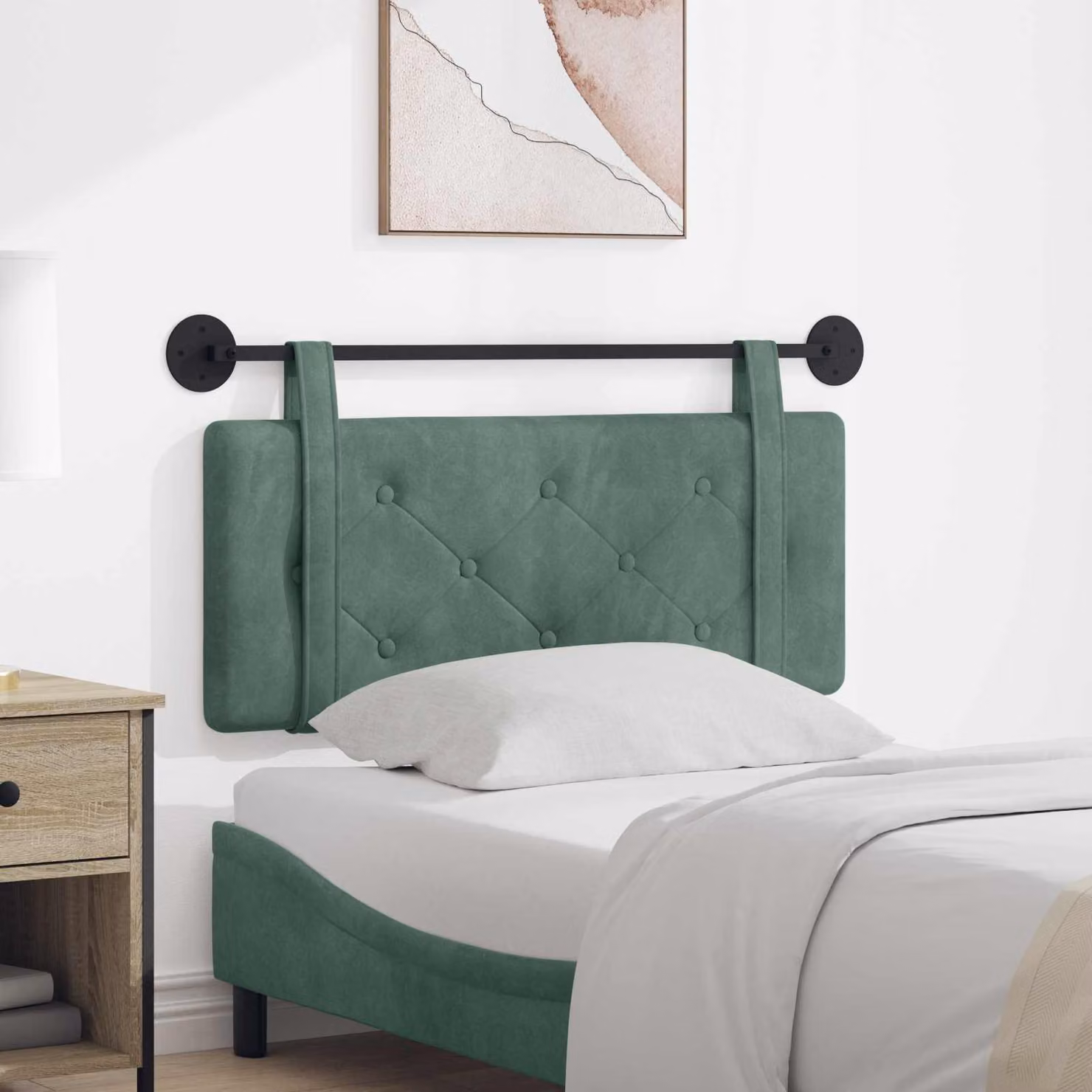 Testiera sospesa vidaXL in velluto verde con pannello imbottito e struttura in legno e metallo, L: 110 cm, P: 5 cm, H: 55 cm