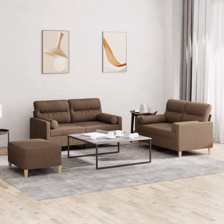 Set di divani 3 pezzi vidaXL in tessuto marrone con cuscini e struttura in metallo e MDF per soggiorno in stile moderno
