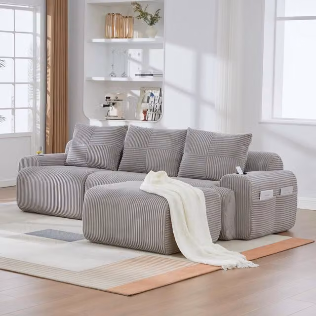 Divano modulare a L da 3 posti REDOM in tessuto corduroy grigio chiaro L/P/H: 268 x 174 x 80 cm
