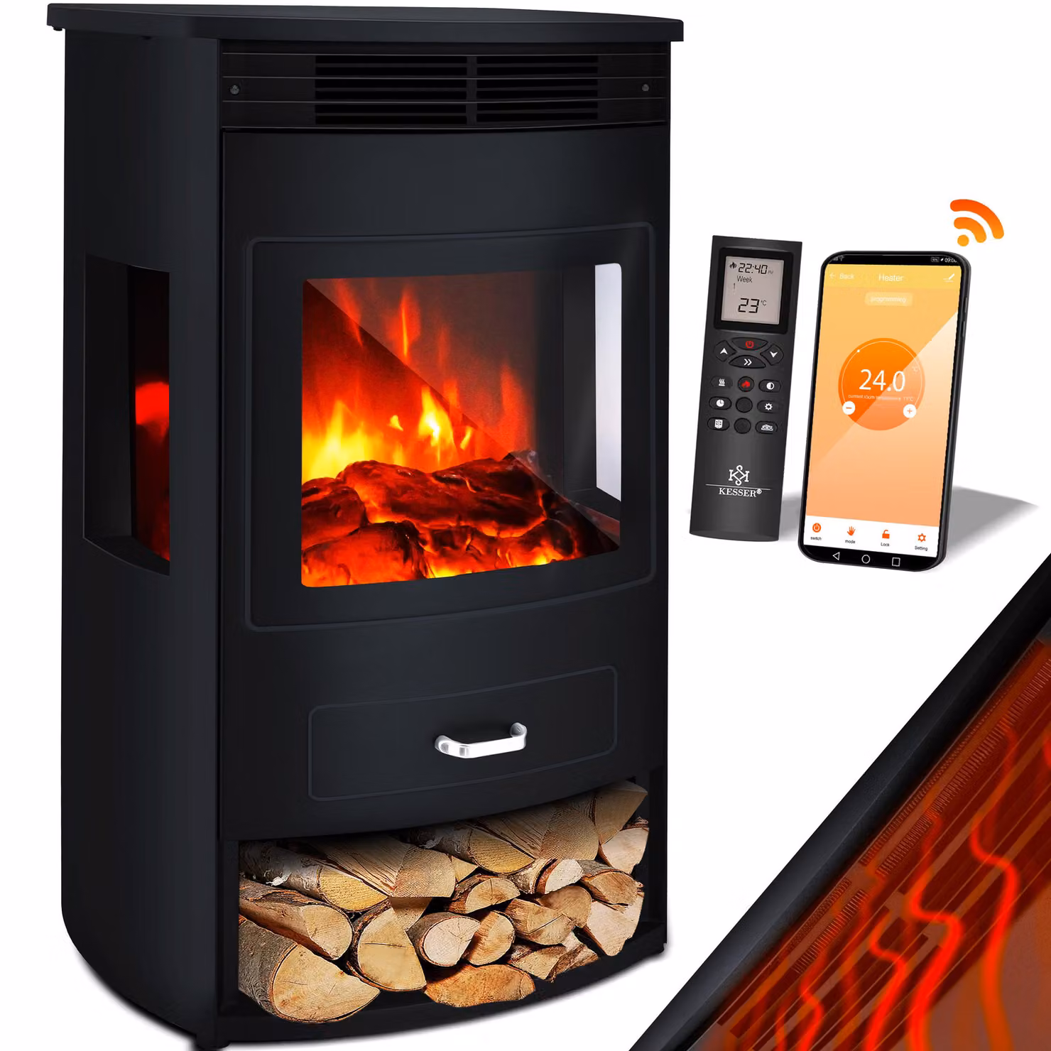 KESSER® Prio: caminetto elettrico con riscaldamento, ventilatore, telecomando, app WiFi, 950/1900 W, effetto fiamma LED, caminetto elettrico con termostato, finestra panoramica, funzione di riscaldamento, timer