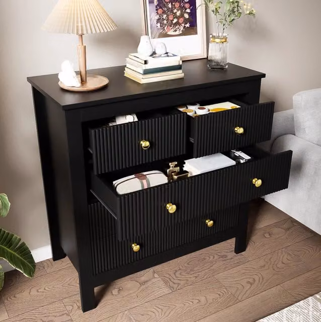 CASSETTIERA 5 cassetti 79x39,5x80,5 cm nero con maniglie dorate