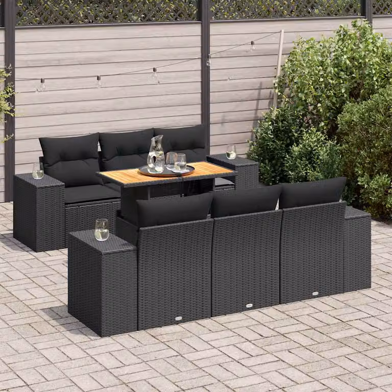 Set Divani da Giardino a L vidaXL in Polyrattan Nero con Cuscini e Tavolino da Esterno