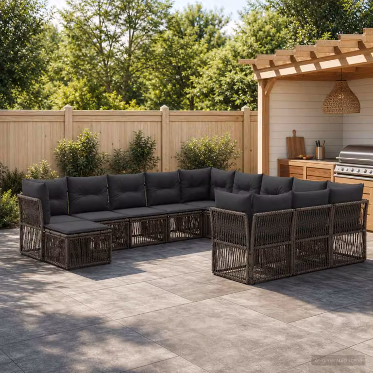 Set Divano da Giardino a Forma di U vidaXL 12 Pezzi Grigio con Cuscini e Ottoman in Polyrattan e Acciaio