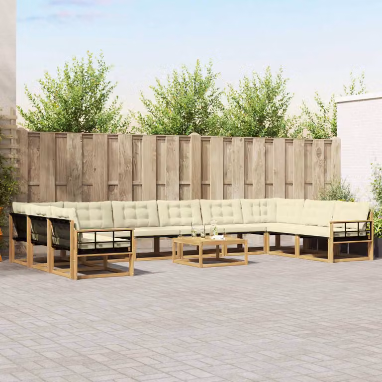 vidaXL Set di divani da esterno a forma di U composto da 11 pezzi in legno di acacia con cuscini bianchi e beige