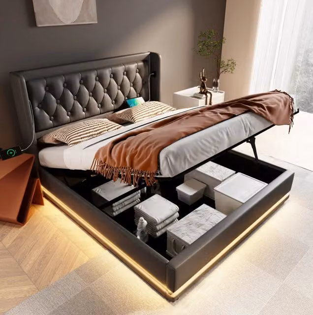 Letto matrimoniale 160x200 cm con contenitore; LED e USB-C; imbottito in PU nero