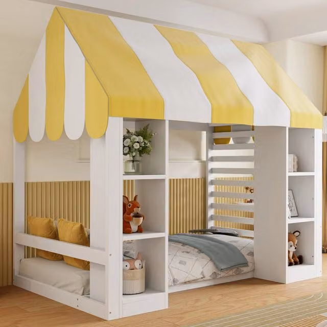 Letto a baldacchino per bambini 90 x 200 cm; letto alto bianco con vani aperti per cameretta