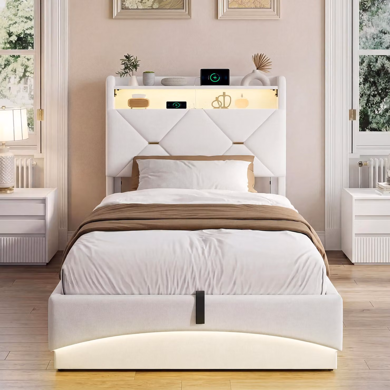 Letto imbottito ProximaX 90x200 cm beige con illuminazione a LED e porta USB-C – Vano portaoggetti idraulico, tessuto in velluto, letto singolo con testiera