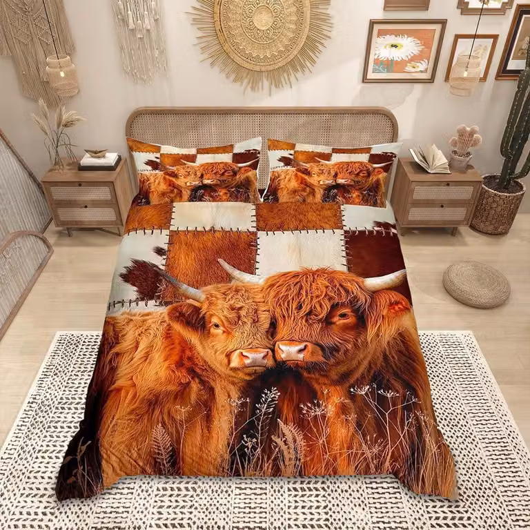 Elzusha - Set di lenzuola con copripiumino a tema "Mucca delle Highlands", taglia king size, per bambini e adulti