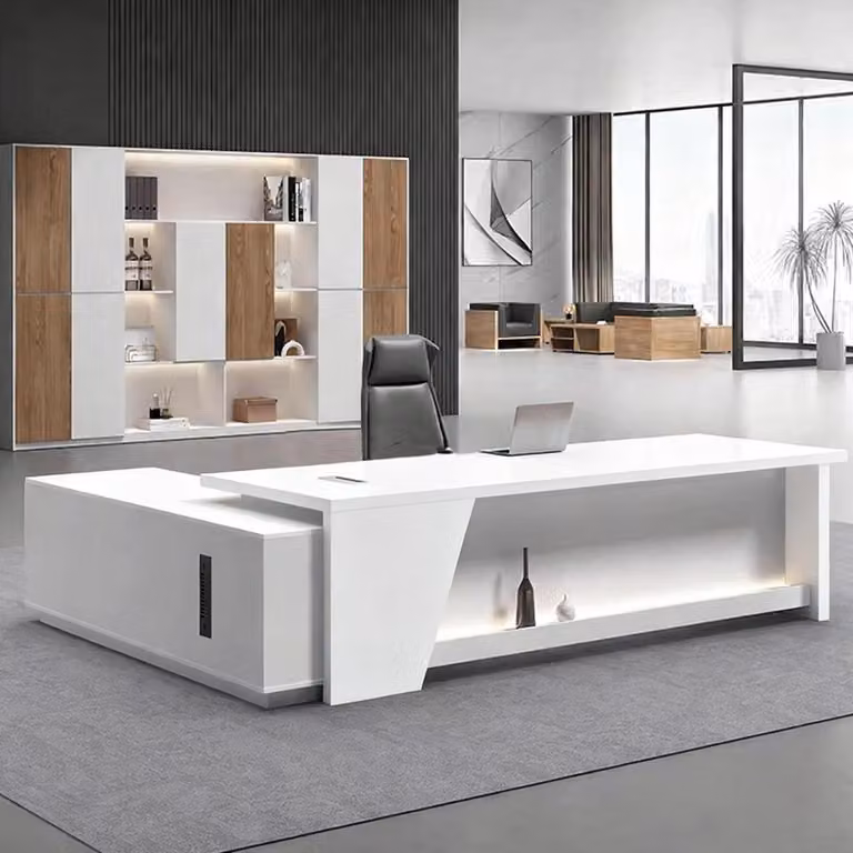 Scrivania a forma di L con spazio contenitivo, dimensioni 170x80x75 cm, colore bianco e nero