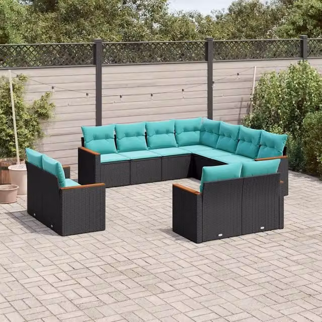 Set di Divani da Giardino a Forma di L vidaXL in Polyrattan Nero con 11 Pezzi e Cuscini Inclusi