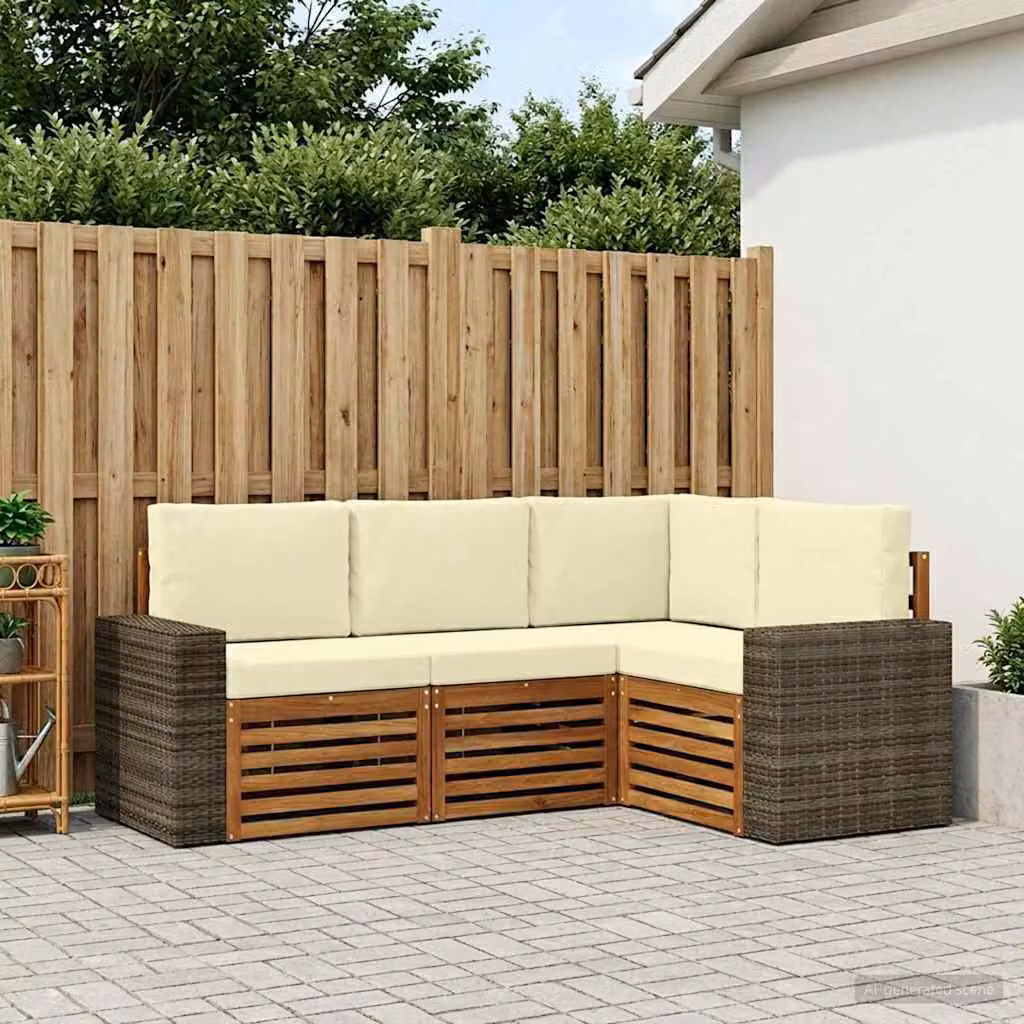 Set di divani da esterno vidaXL a forma di L in legno di acacia con cuscini beige e marrone in poliestere resistente ai raggi UV