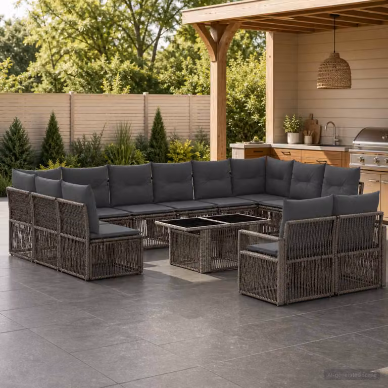Set Divano da Giardino vidaXL 13 pz a forma a U in Polyrattan Grigio e Antracite con Cuscini e Tavolino da Caffè