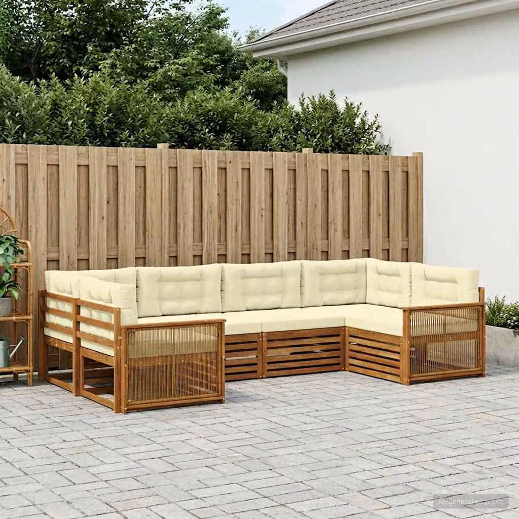 Set di divani da esterno vidaXL 6 pz in legno di acacia con cuscini, forma a L, colori beige, bianco e marrone