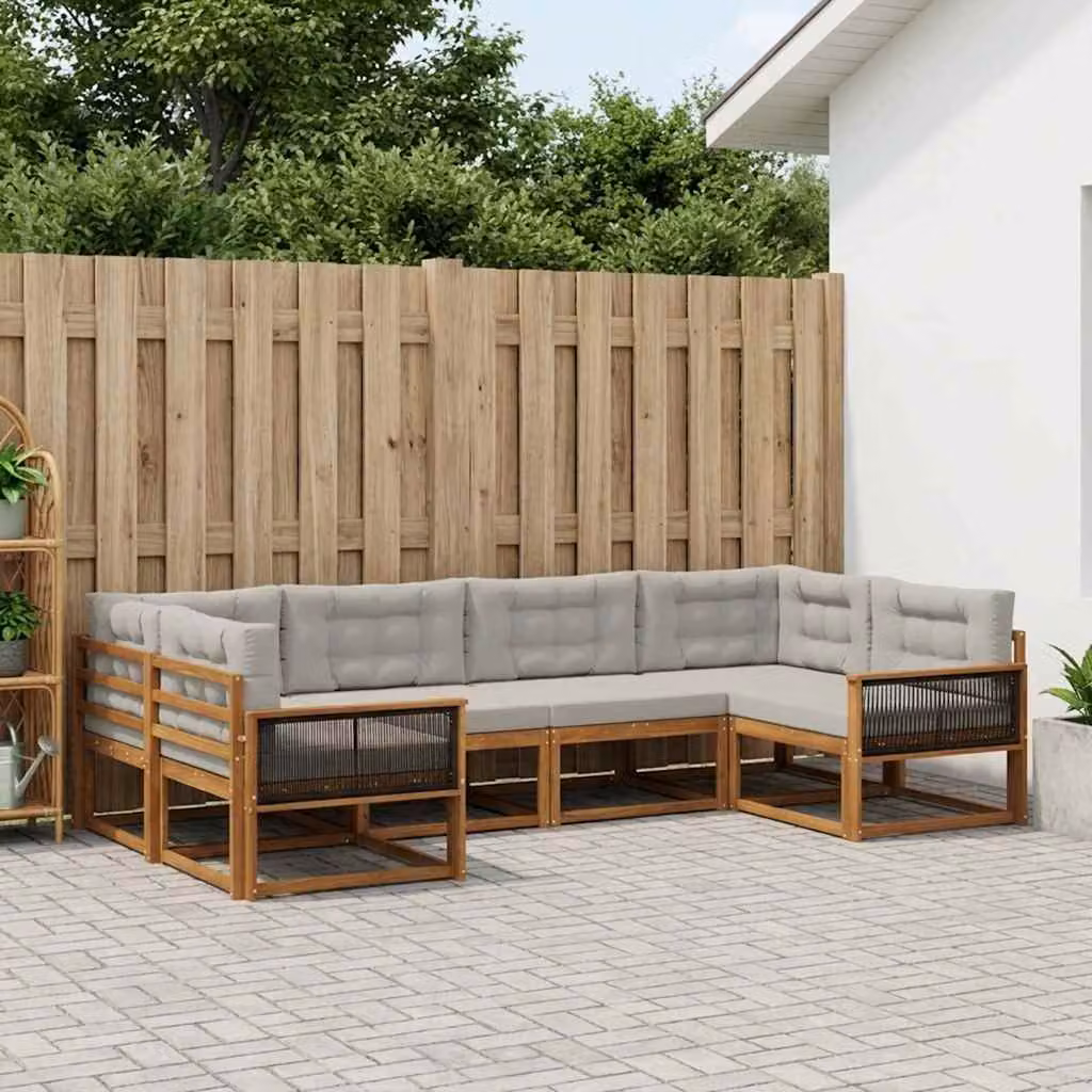 Set di divani da esterno vidaXL a forma di L in legno di acacia con cuscini, 6 pezzi, Grigio e Marrone