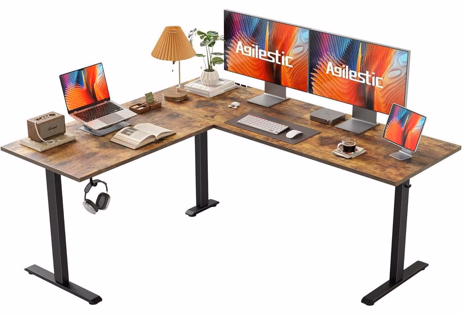 Scrivania regolabile in altezza a forma di L, 150 x 125 cm, color marrone. Scrivania ergonomica per computer, adatta sia per lavorare seduti che in piedi