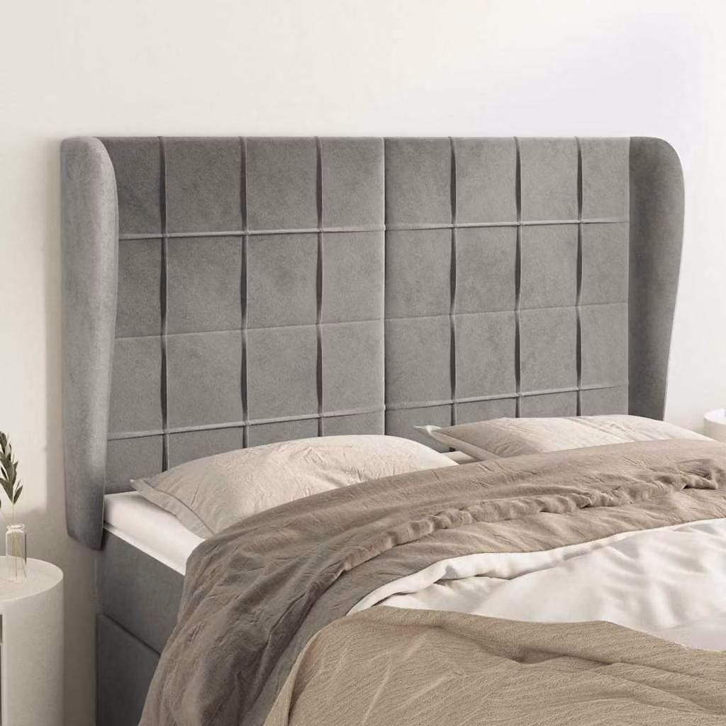 Testiera ad orecchio vidaXL in velluto grigio chiaro con struttura in legno L: 147 cm, P: 23 cm, H: 118-128 cm