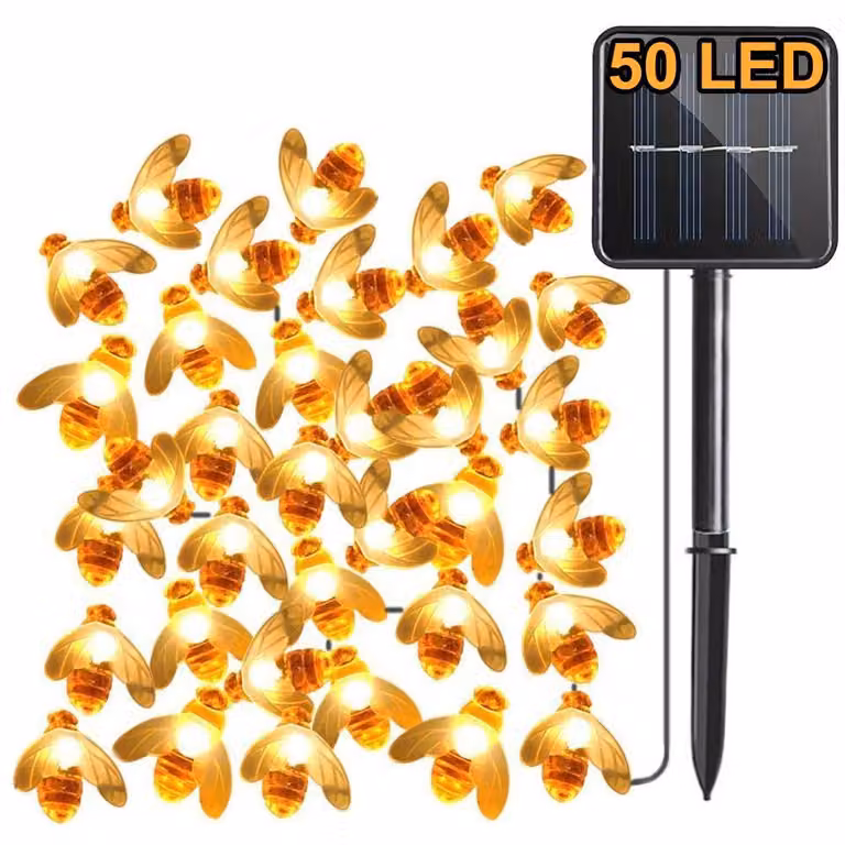 Catena luminosa solare con 50 LED a forma di ape, lunghezza 7 metri, grado di protezione IP65, luce bianca calda