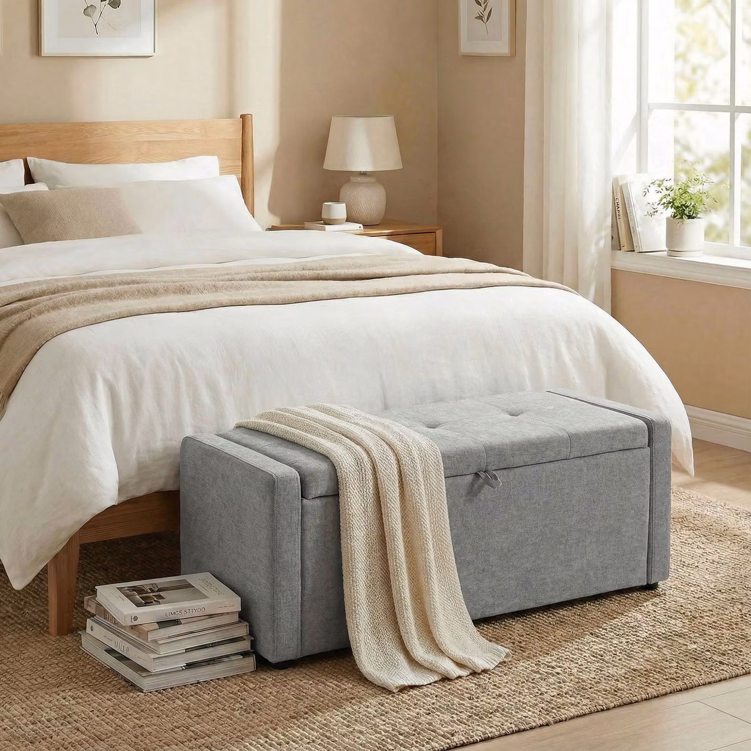 Cassapanca Pouf Contenitore HOMCOM in Lino Grigio Chiaro con Seduta Ampia Imbottita e Capacità 142L – 2
