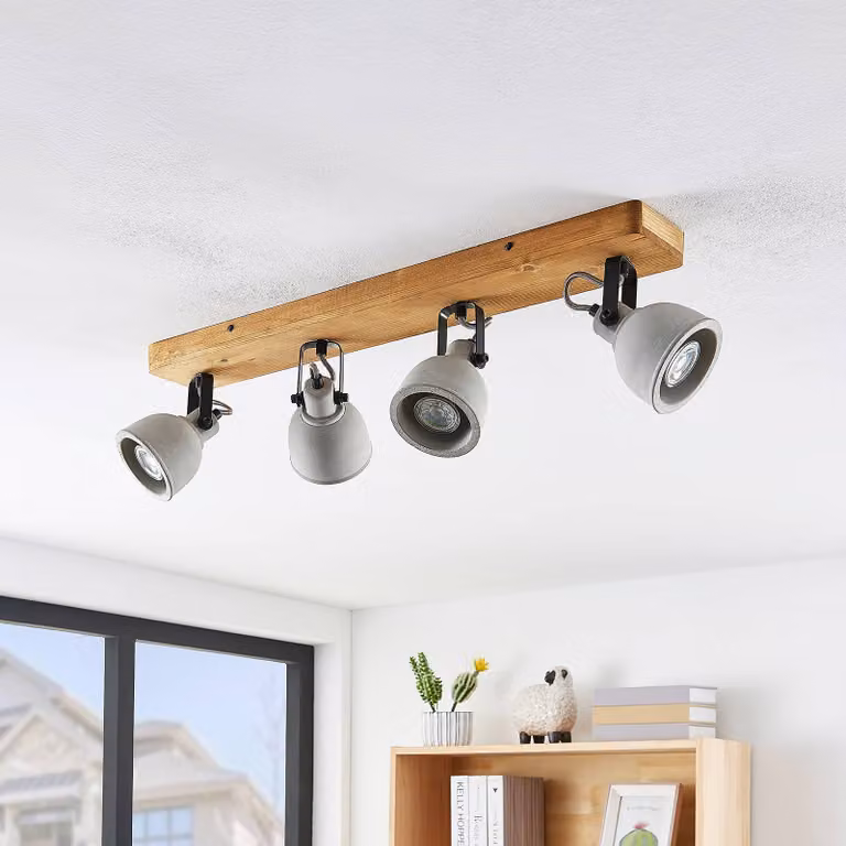 Lindby Faretto Mitis, 70 cm, a 4 luci, grigio, legno, cemento, GU10 Mitis Lindby, dimmerabile, Legno scuro, Soggiorno / Sala da pranzo, Legno, Industriale, Faretto