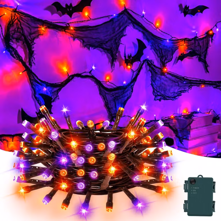 Catena luminosa a tema Halloween, lunghezza 3 metri, 30 LED, colore arancione/viola, con timer, grado di protezione IP65