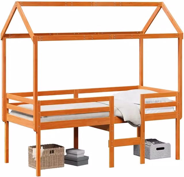 Letto singolo | Letto per adulti | Letto a Soppalco con Tetto Marrone Cera 90x200 cm Legno di Pino