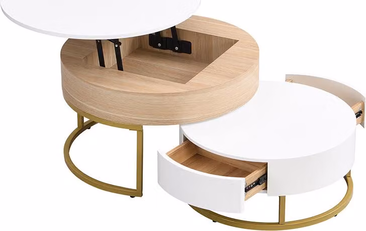Fortuna Lai set di 2 tavolini, tavolo grande con piano ribaltabile, 2 cassetti, MDF, bianco