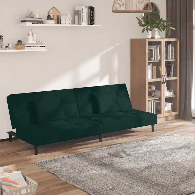 vidaXL Divano Letto Click-Clack a 2 Posti in Velluto Verde con Cuscini e Struttura in Legno Massello