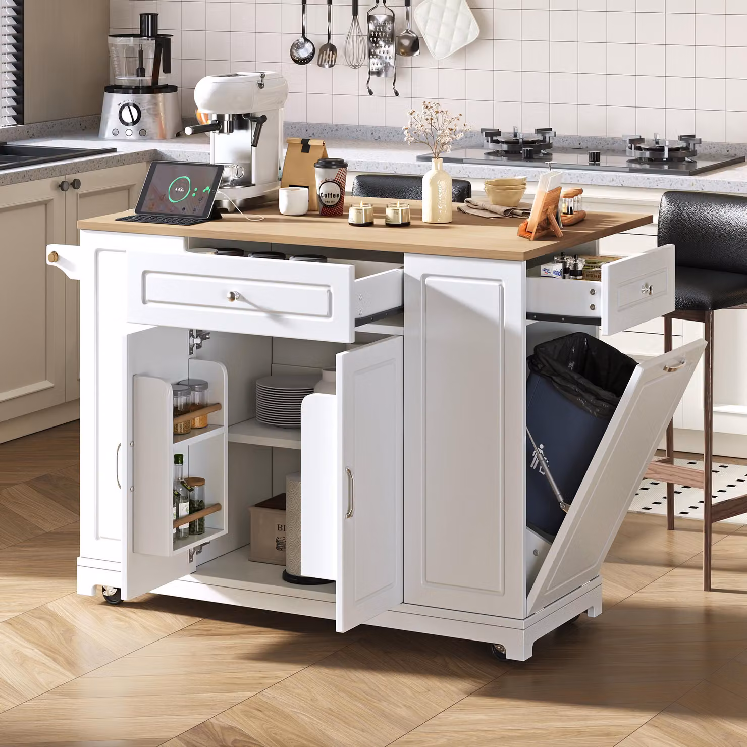 Isola cucina Fortuna Lai con rotelle, zona pranzo estraibile Isola cucina con cassetti multifunzione e scomparto per contenitore rifiuti, isola cucina mobile Ideale per cucina e sala da pranzo (bianco)