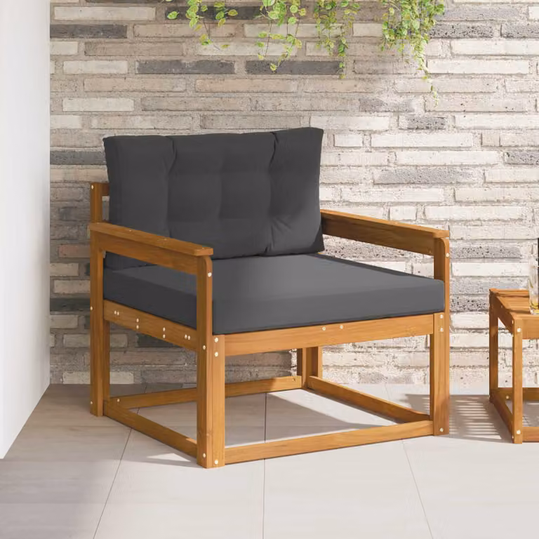 Divano centrale da esterno vidaXL in legno di acacia naturale con cuscini grigi e marroni