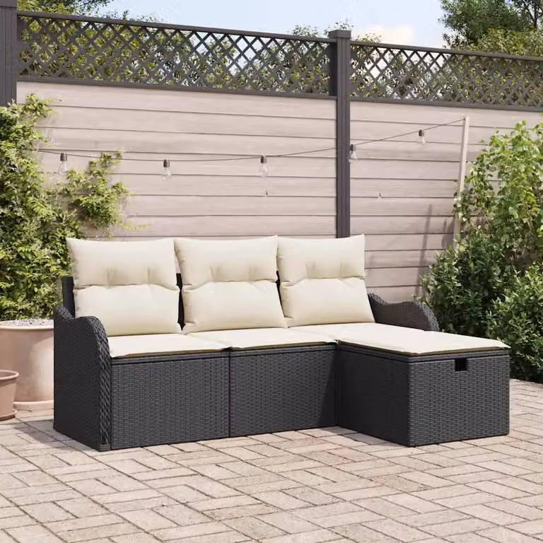 Set Divano da Giardino a L vidaXL 4 Pezzi Nero e Beige con Cuscini e Tavolino in Polyrattan e Acciaio