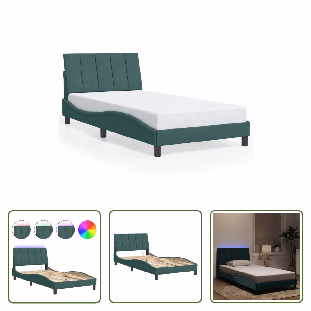 The Living Store Struttura letto con luci LED Verde scuro 100x200 cm in velluto