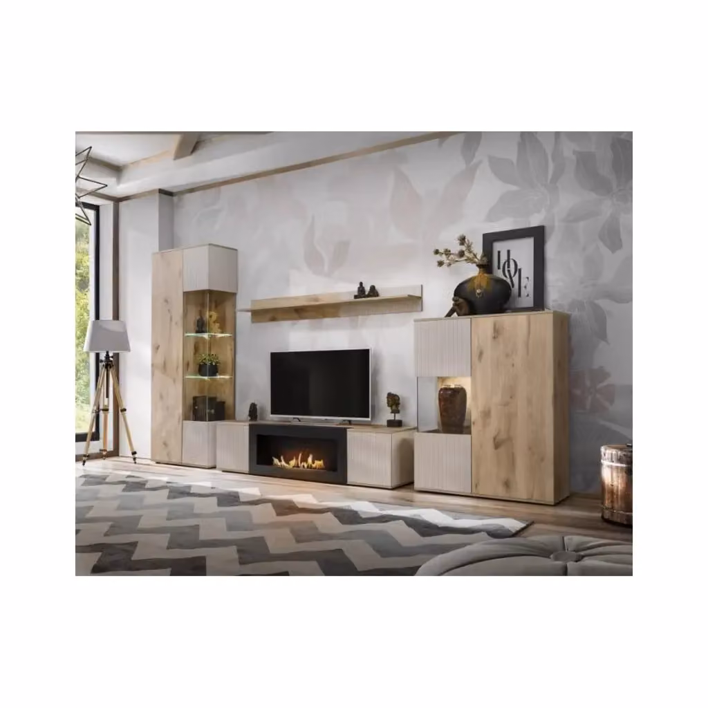 Set da salotto ERINA Meublorama in stile scandinavo con vetrina, mobile TV con camino a bioetanolo, mensola da parete e buffet alto, Rovere chiaro e beige – 2