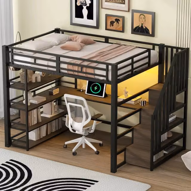 Letto a soppalco REDOM in metallo e MDF nero con scala e compartimenti laterali L/P/H: 200 x 140 x 170 cm
