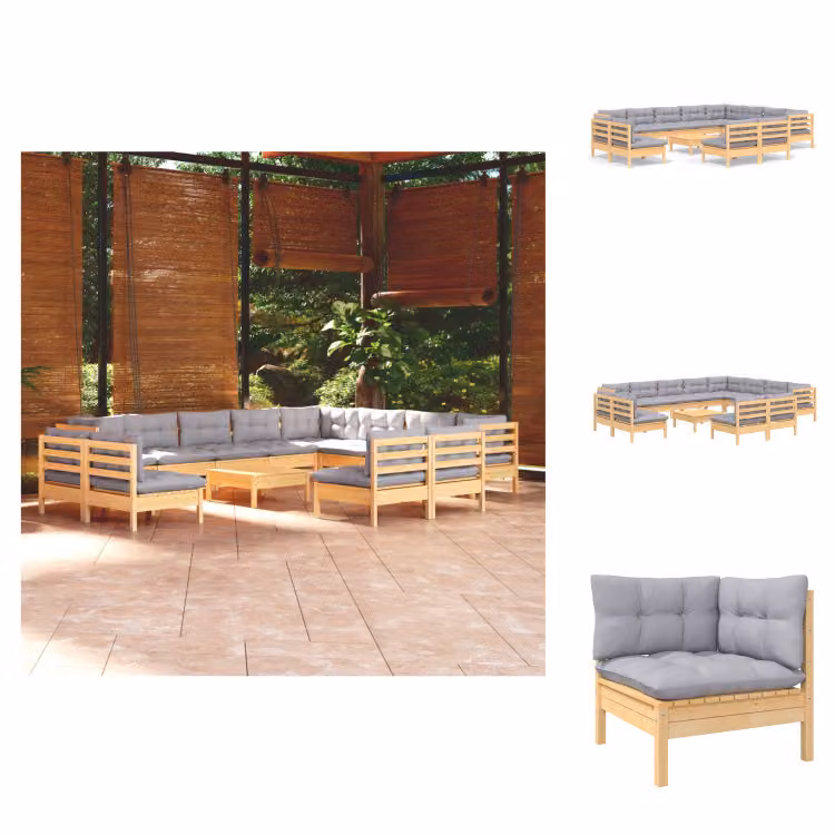 vidaXL Set di 13 pezzi da giardino con cuscini grigi in legno di pino massiccio - Set di mobili da giardino