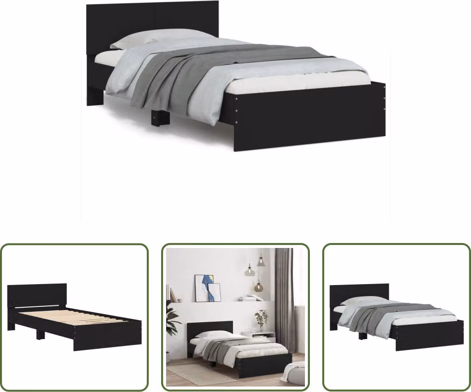 The Living Store Giroletto con testiera nero 100x200 cm in materiale ligneo