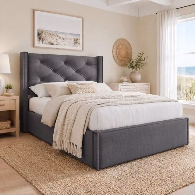 Letto imbottito grigio 90x200 cm con contenitore e materasso a molle