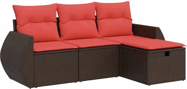 Set Divano da Giardino 4 pz | Set Salotto da Giardino con Cuscini Marrone in Polyrattan