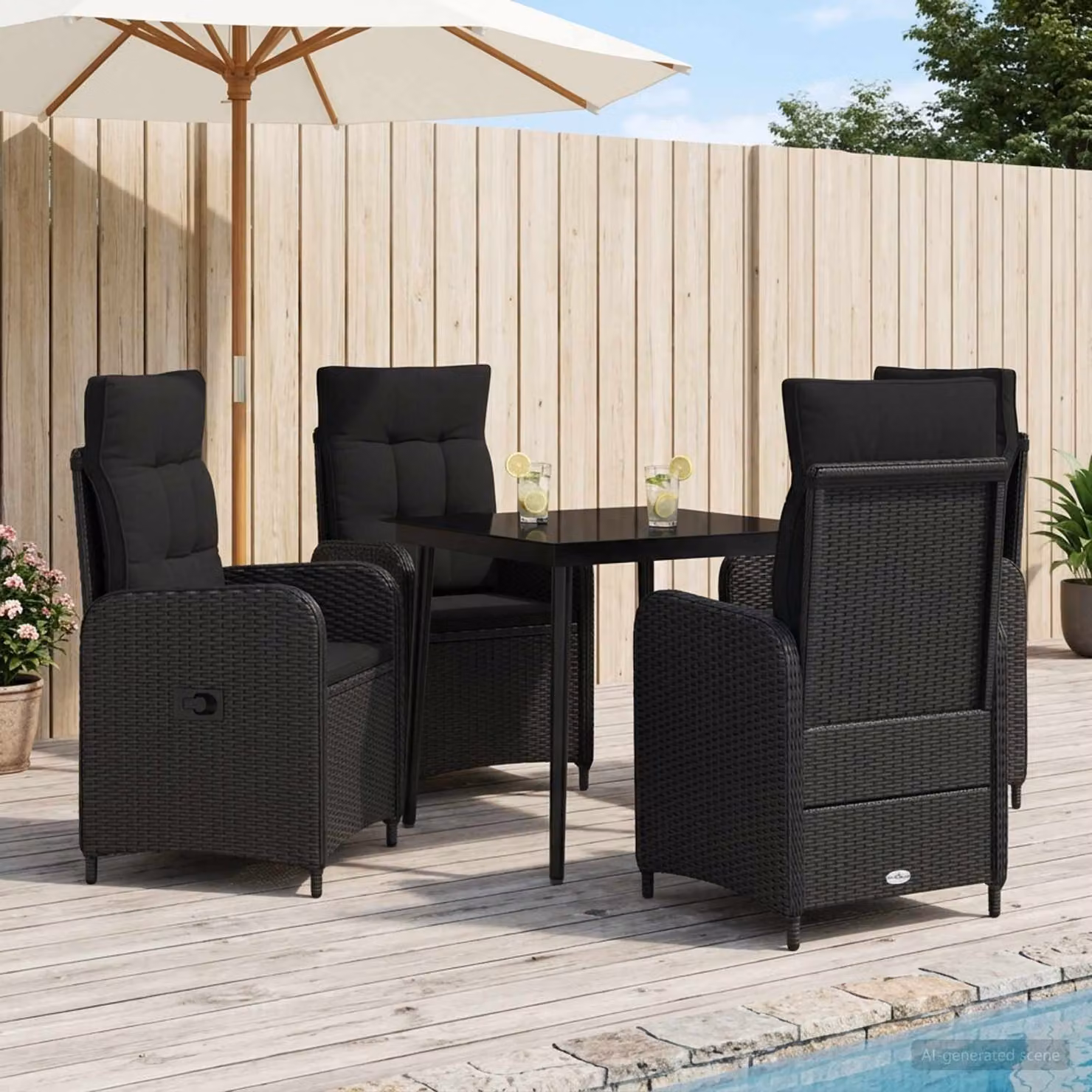 Set da giardino vidaXL composto da divano a 3 posti e tavolino da caffè nero con cuscini inclusi in poliestere resistente ai raggi UV e struttura in acciaio verniciato a polvere