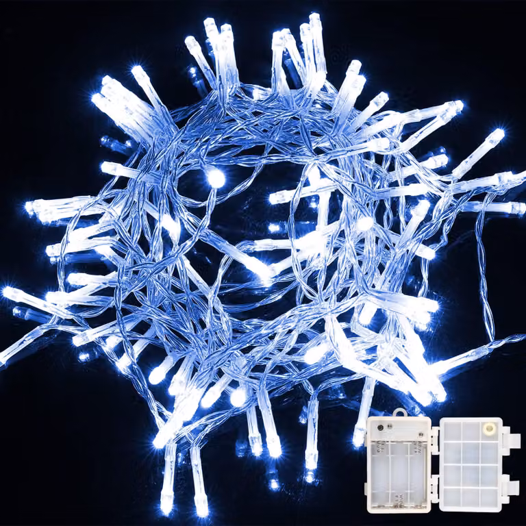 Catena luminosa a LED, 50 LED, lunghezza 4 metri, alimentazione a batteria, grado di protezione IP44, 8 modalità, colore blu