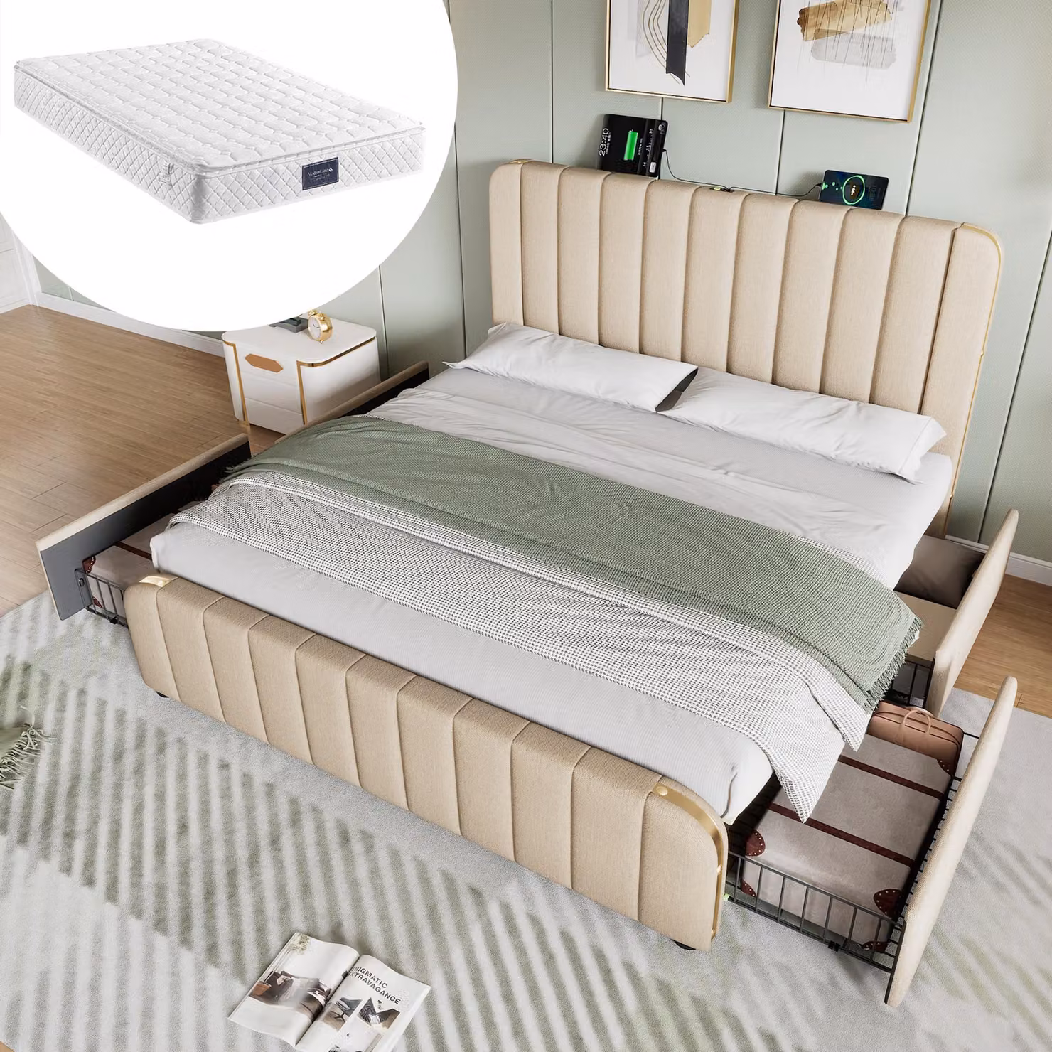 Letto matrimoniale imbottito, testata con finiture dorate e USB Type-C 160 x 200 cm, con 4 cassetti , Con materasso