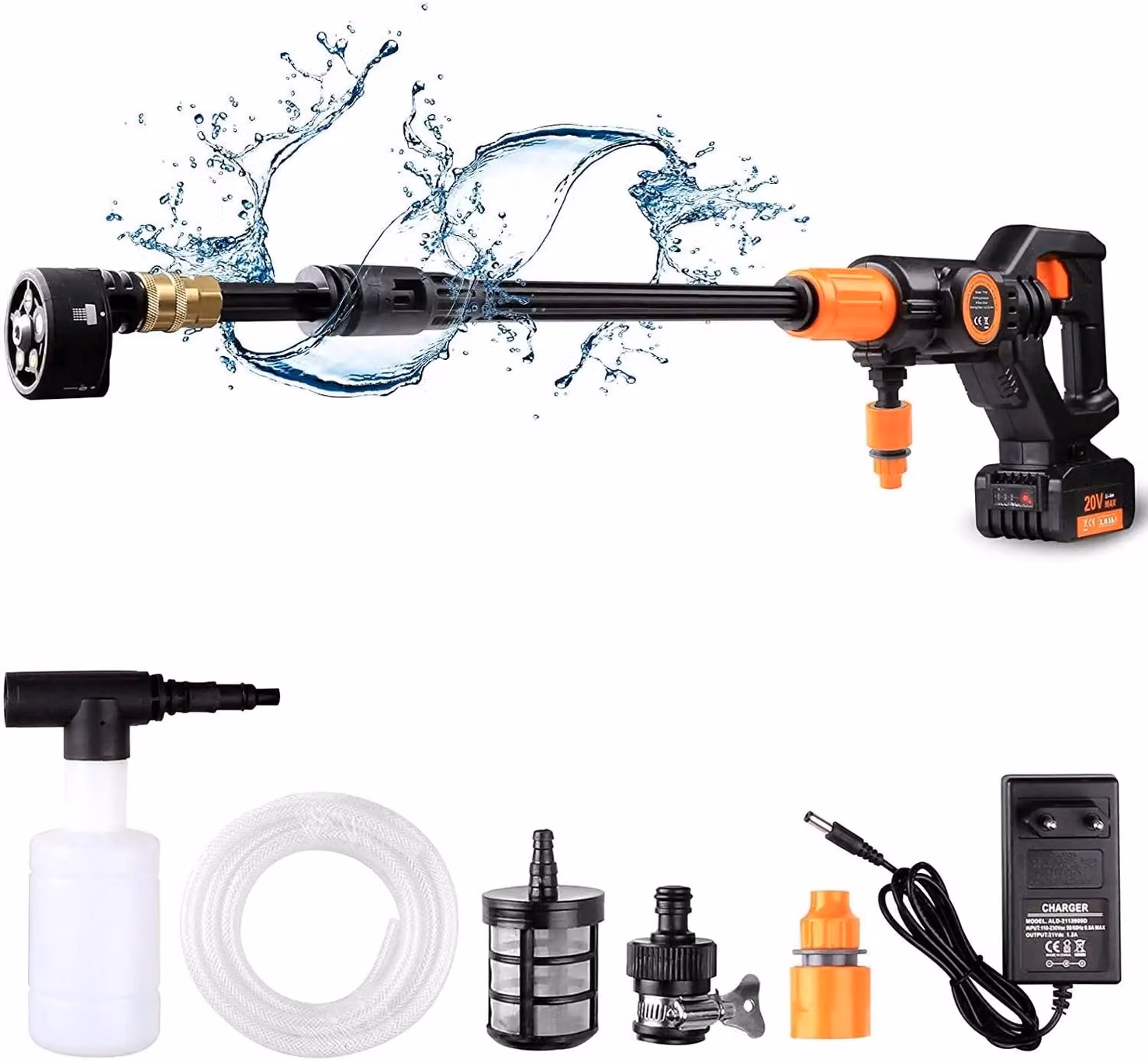 Idropulitrice a batteria senza filo - 20V - Portatile e potente - Tubo da 5 metri - Ugello multifunzione 5-in-1
