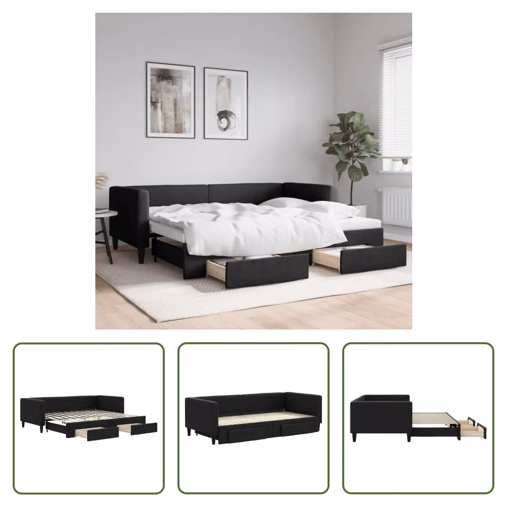 The Living Store Letto allungabile con cassetti nero 90x200 cm tessuto