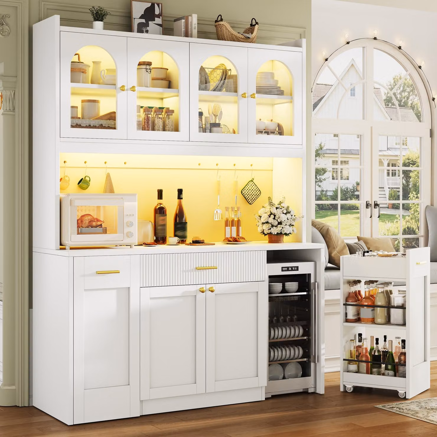 Armadio alto di design con illuminazione RGB a LED, controllo tramite app, mobili da cucina con cassetti e ripiani scorrevoli su entrambi i lati, credenza 120x40x187 cm, bianco