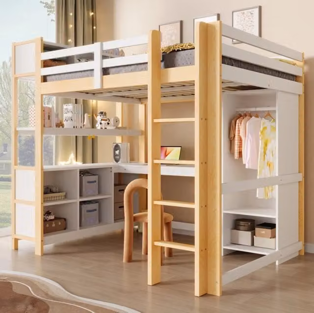 Letto a soppalco per bambini in legno e MDF con scrivania e armadio, Bianco e Marrone, L/P/H: 200 x 140 x 232,5 cm