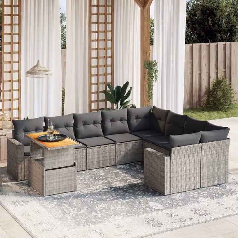 vidaXL Set Divano da Giardino 10 pz in Polyrattan Grigio con Cuscini e Tavolino da Esterno a Forma di L