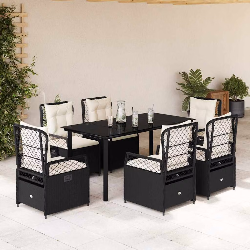 vidaXL Set da Pranzo da Giardino 7 pz in Polyrattan Nero con Cuscini e Tavolo in Vetro – 1