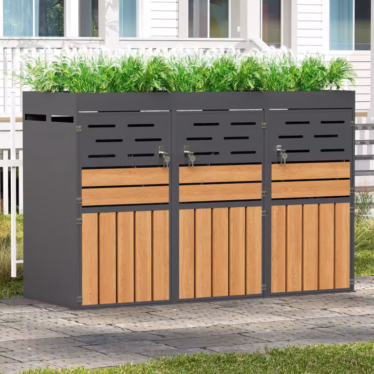 LVHOM Box per bidoni della spazzatura a 3 posti in metallo con effetto legno, rivestimento per bidoni della spazzatura con fioriera, box chiudibile a chiave