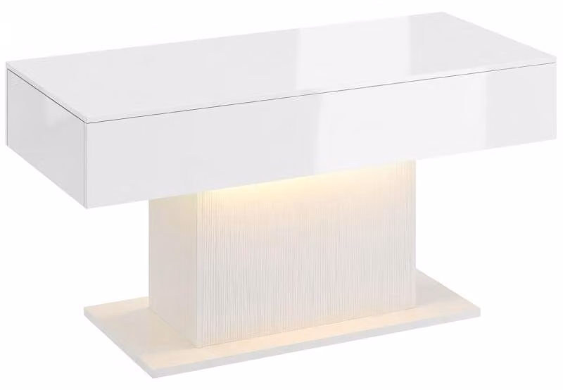 Tavolino LED Moonbite, 108 x 48 cm, finitura lucida, con 2 cassetti senza maniglie, illuminazione RGB con telecomando a 24 tasti, tavolino da soggiorno, bianco