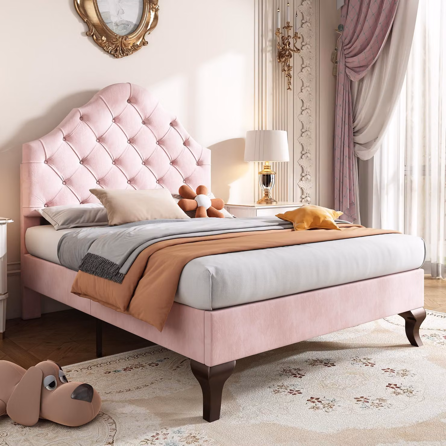 okwish Letto imbottito 90*200 cm, con rete a doghe e testata, testata regolabile in altezza, rete a doghe in legno, montaggio facile, velluto, rosa