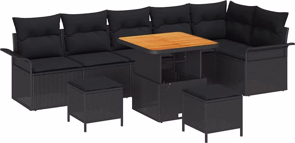 Set Divano da Giardino con cuscino 9 pcs Nero polyrattan
